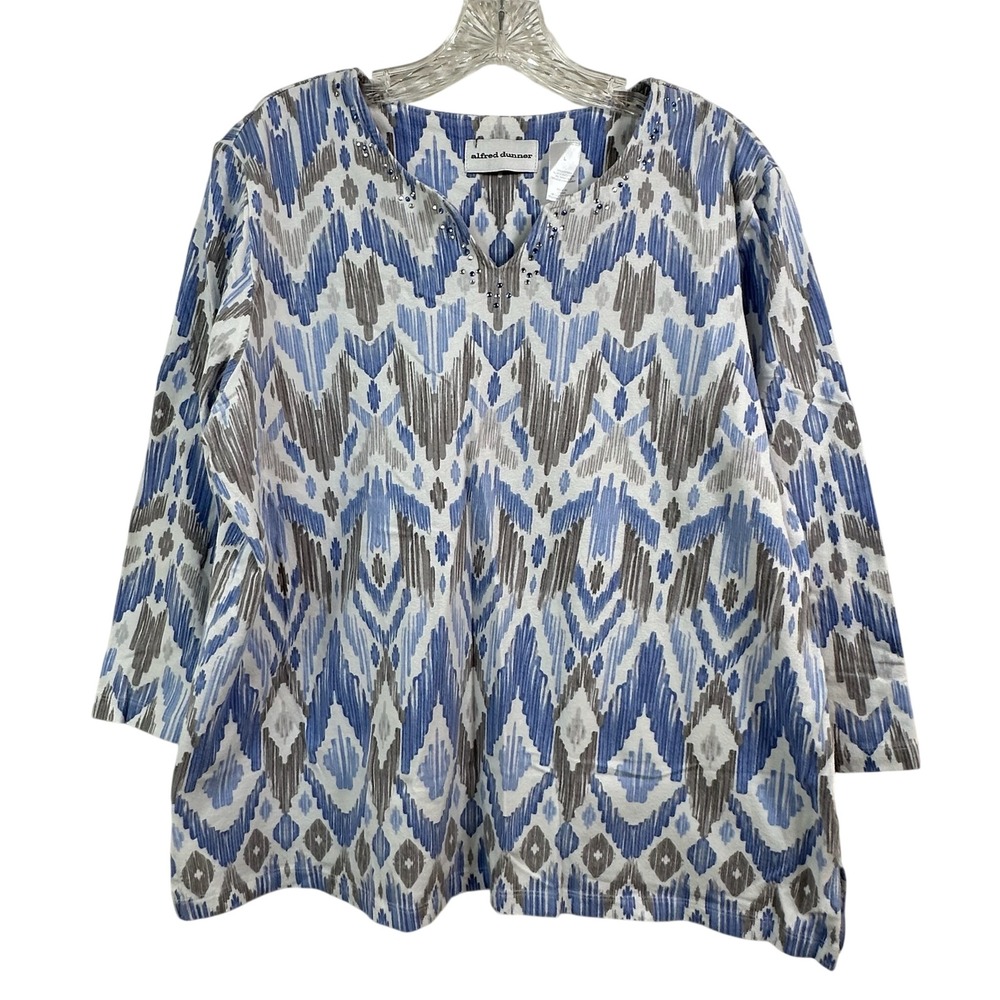 Alfred Dunner Blue Grey Ikat Geometric Rhinestone V-Neck 3/4 Sleeve Top Large